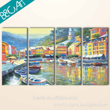 Decorative boats and houses painting seaside village wall art realist scenery oil painting
